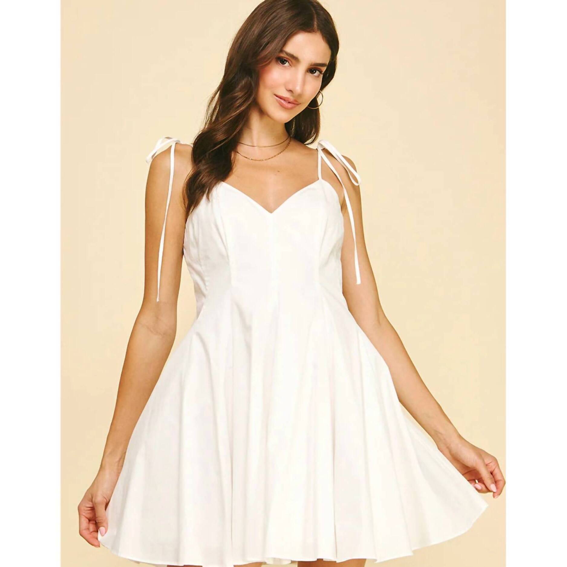New Pinch Tie Shoulder Flare Mini Dress In White